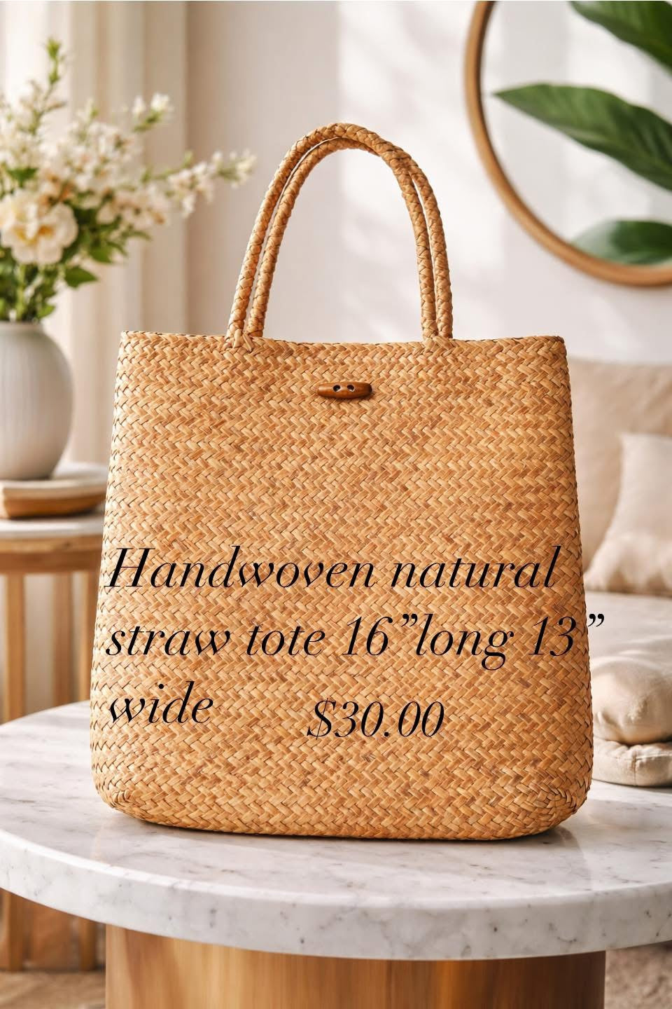 Handwoven natural straw tote - 16x13
