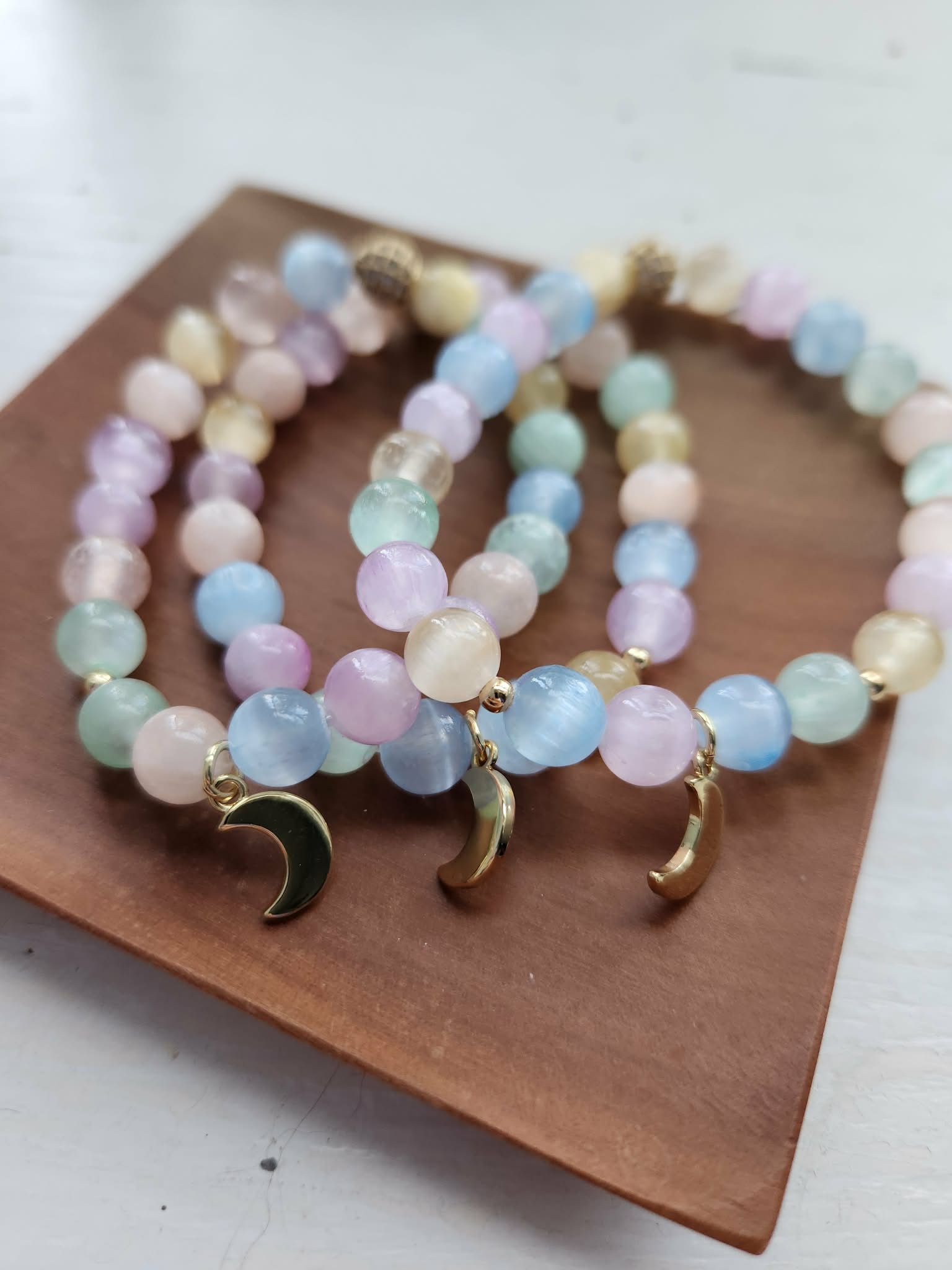 Kay & King Co. - Pastel Selenite Moon Collection. 8mm beads, will fit 6.5-7" wrist.