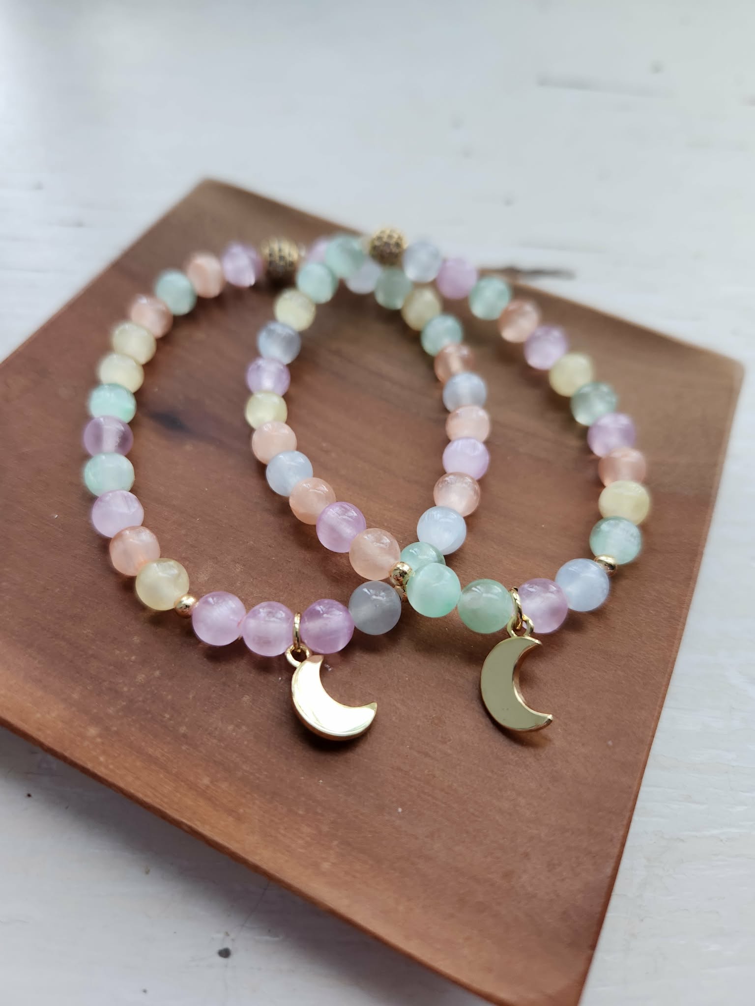 Kay & King Co. - Pastel Selenite Moon Collection. 6mm beads, will fit 6.5-7" wrist.