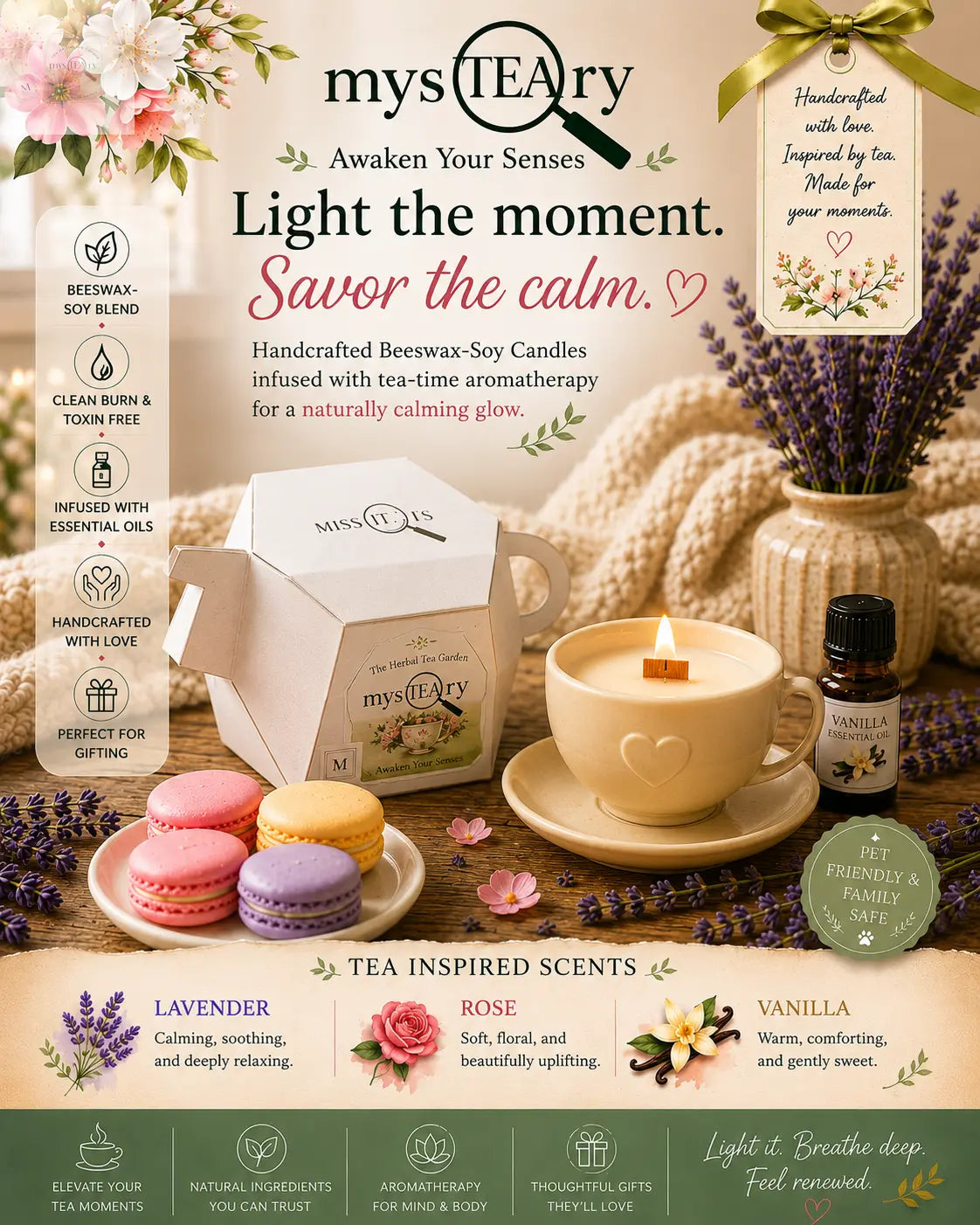 Beeswax-Soy Cup & Saucer Candle & Macaroon Melts - Vanilla, Lavender, Rose